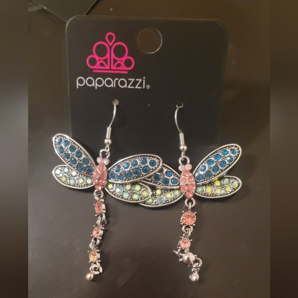 Paparazzi Blue Green Pink Dragonfly Dangle Earrings with Crystal Drops